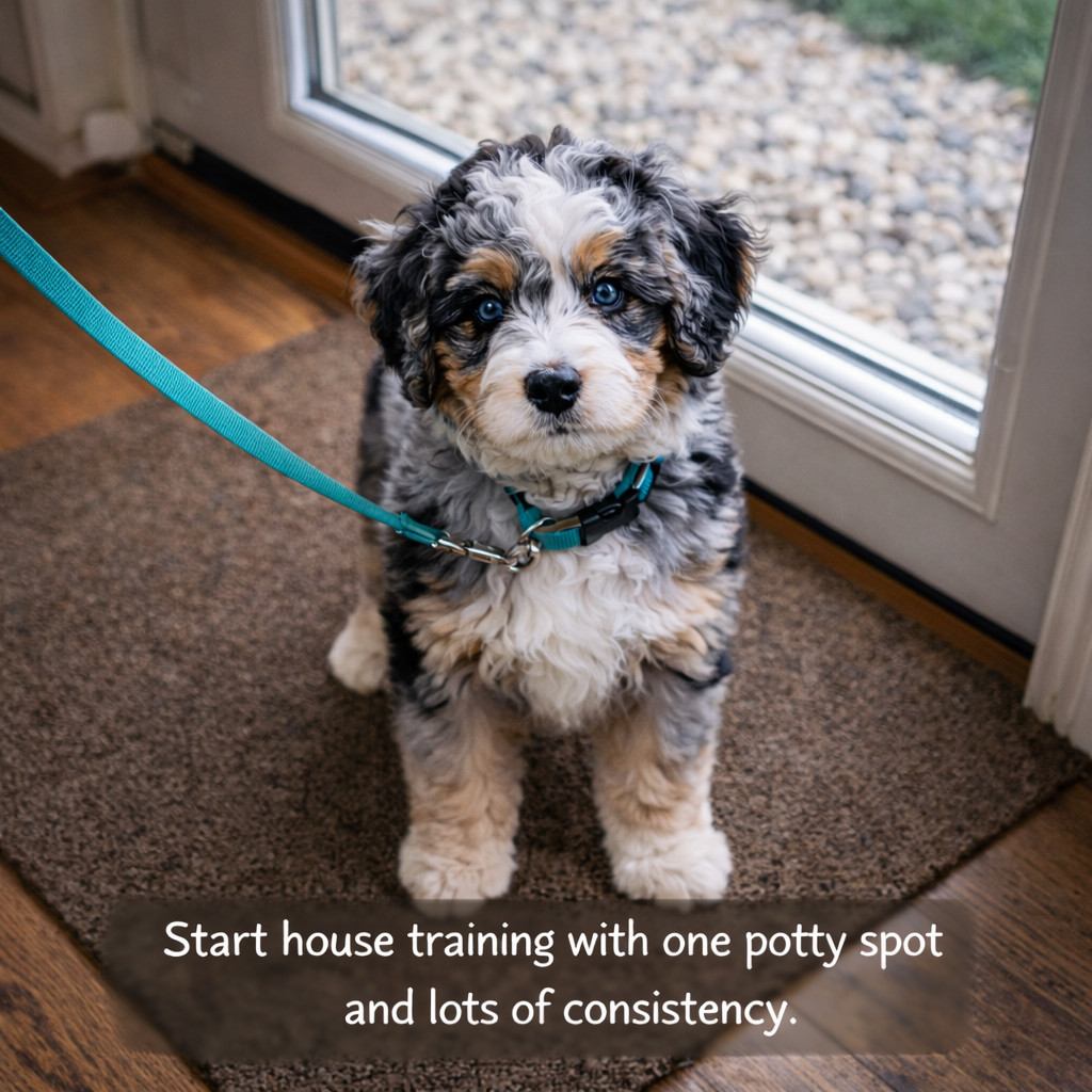 Puppy on leash near the door or in the yard starting house training