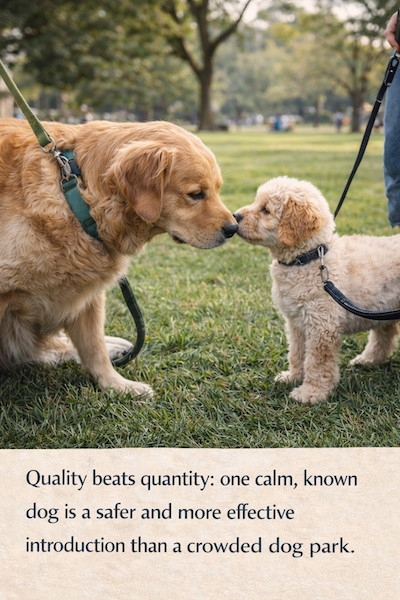 puppy meeting dog in the park