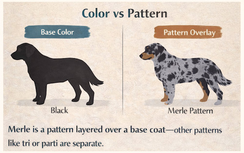 Graphic explaining merle as a pattern over a base coat color