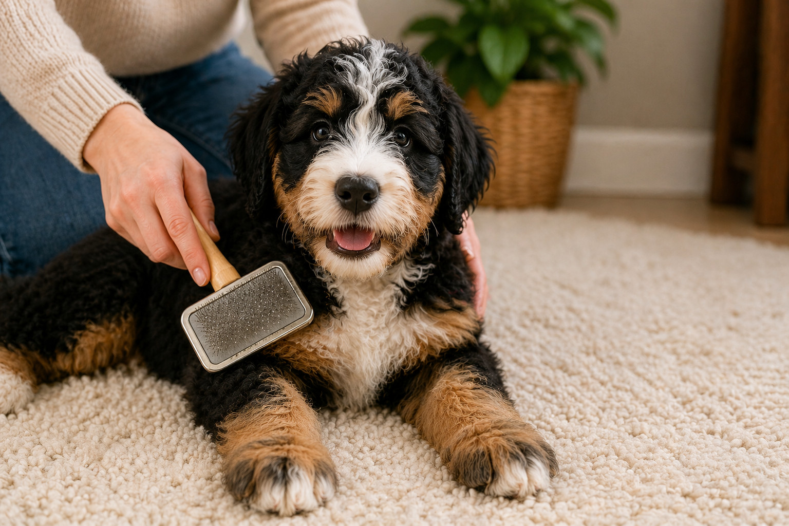 puppy getting brushed