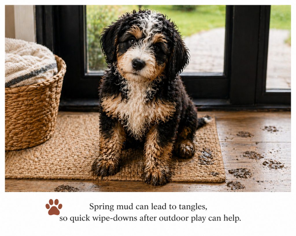 puppy with muddy paws by the door