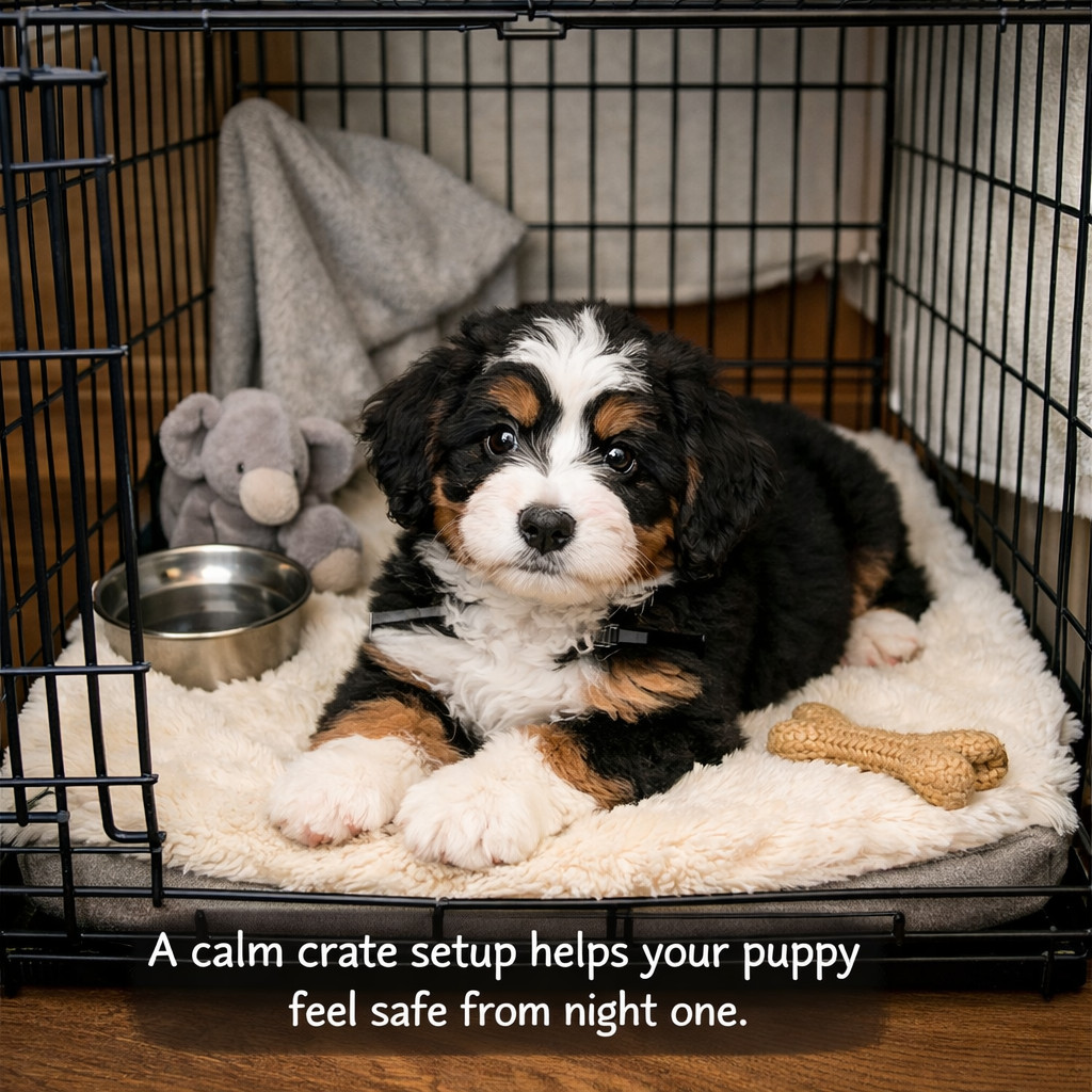 Simple cozy puppy crate setup for the first night home