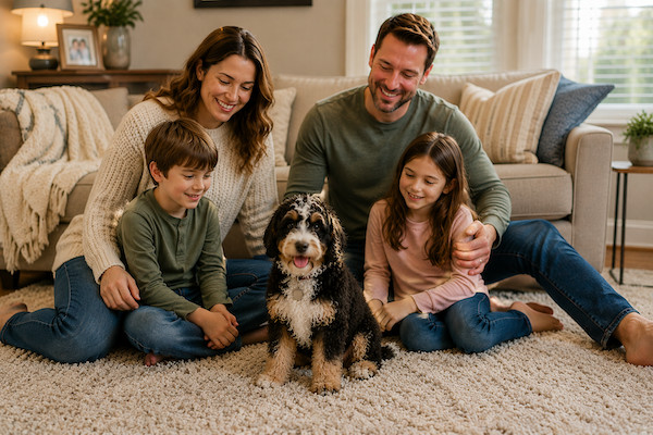 mini-bernedoodle with family