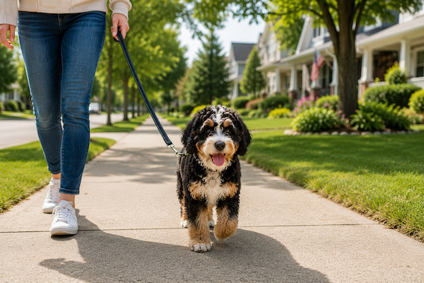 mini-bernedoodle puppy on a walk