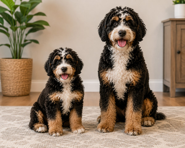 image or mini and medium sized bernedoodle