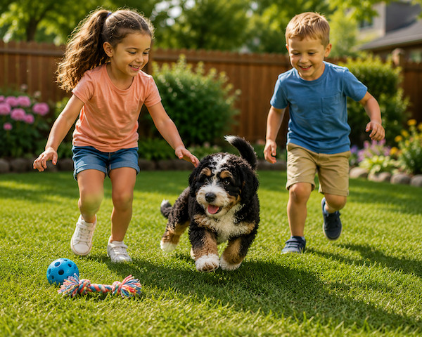 kids playing with mini-bernedoodle