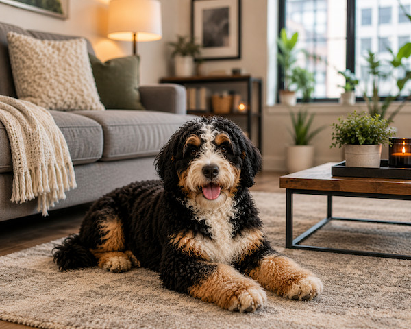 bernedoodle puppy lounging on floor
