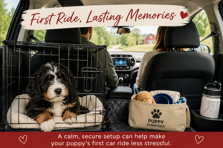 image of puppy in crate in car