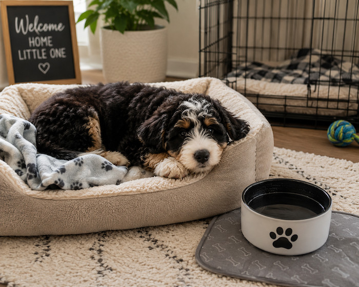 puppy sleeping on his bed at home