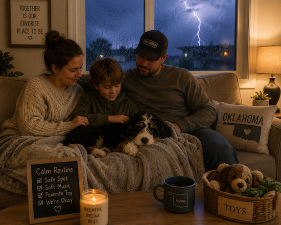 family with puppy during thunderstorm