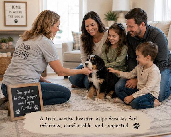 family meeting their new bernedoodle puppy
