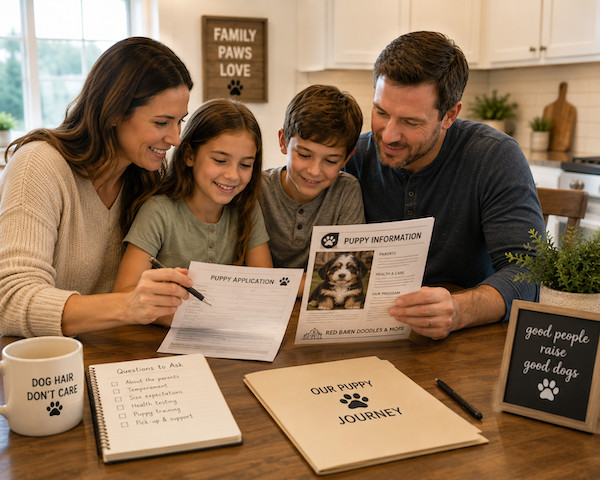 family looking at puppy paperwork
