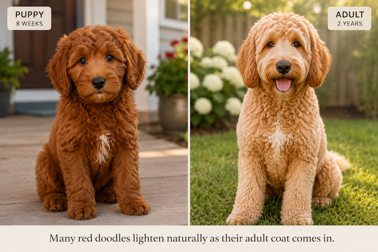 puppy and adult red doodle side by side