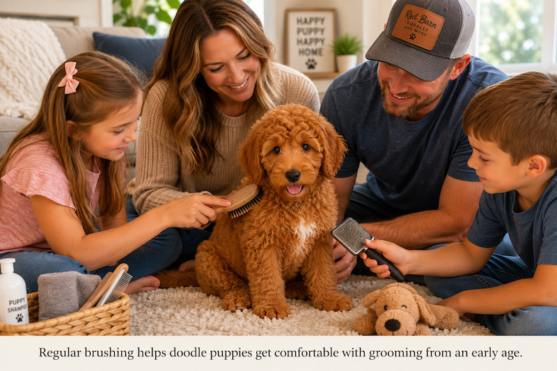 family brushing a red doodle puppy