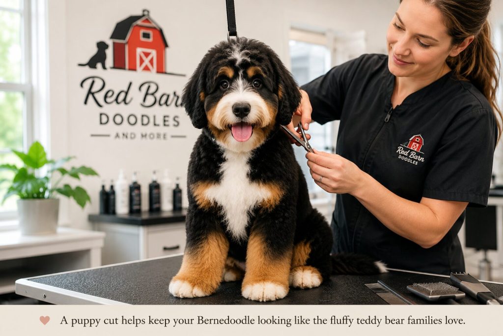 bernedoodles puppy getting a trim