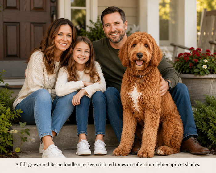 full grown red doodle with family on porch