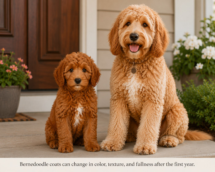 puppy next to adult red doodle