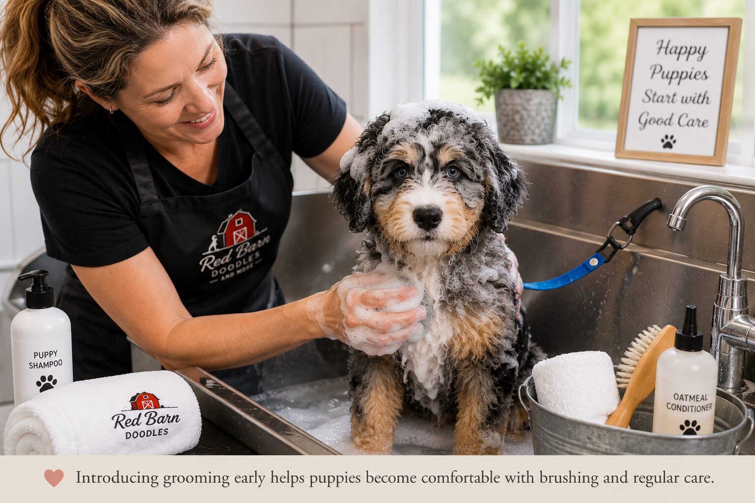 A groomer gently washing a blue merle Bernedoodle puppy