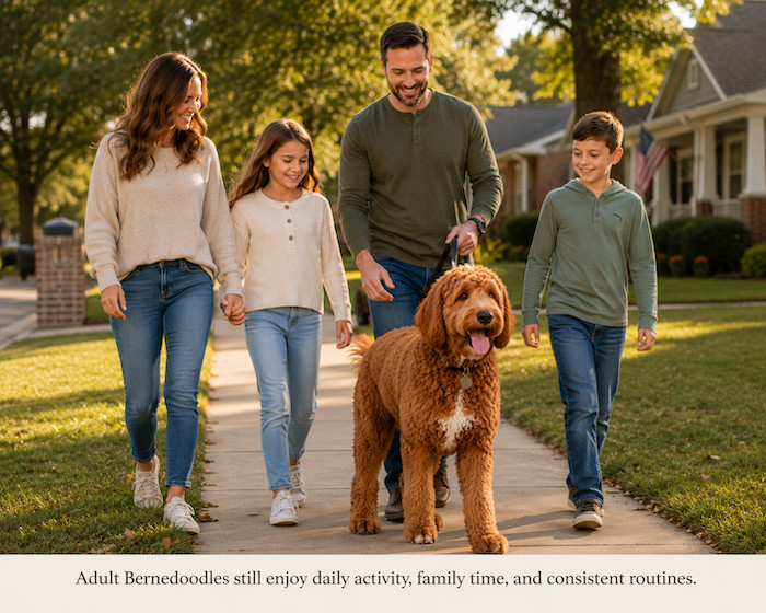 family walking their adult red doodle