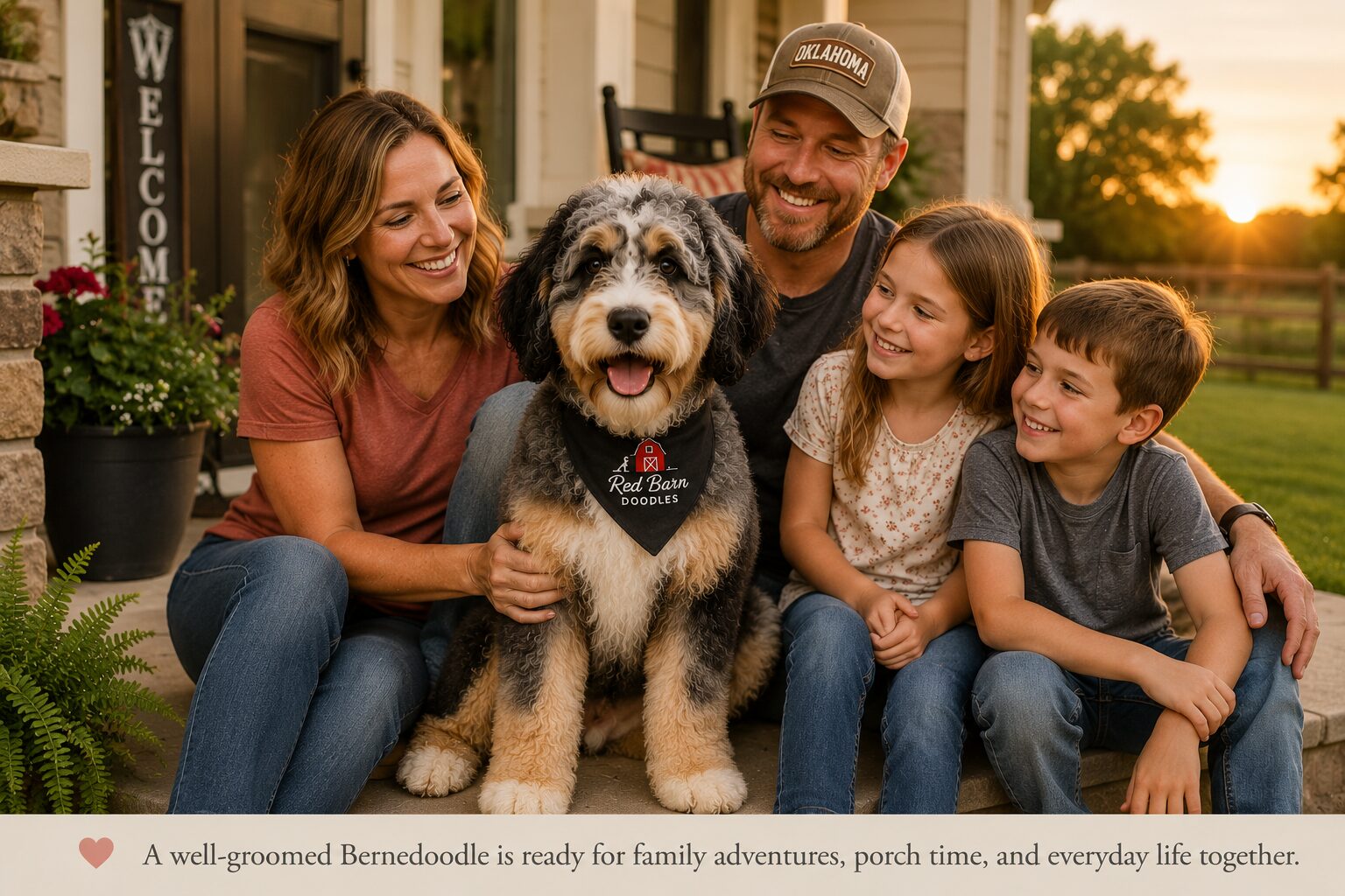 A family sitting on a front porch with their freshly groomed Bernedoodle