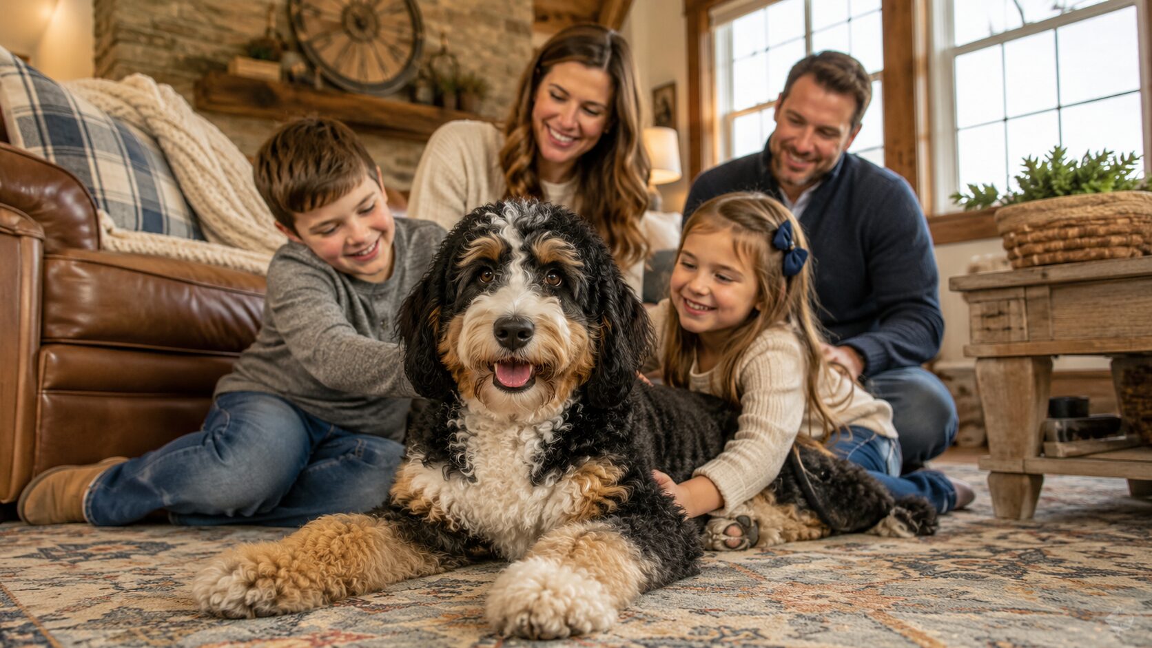 family with bernedoodle dog