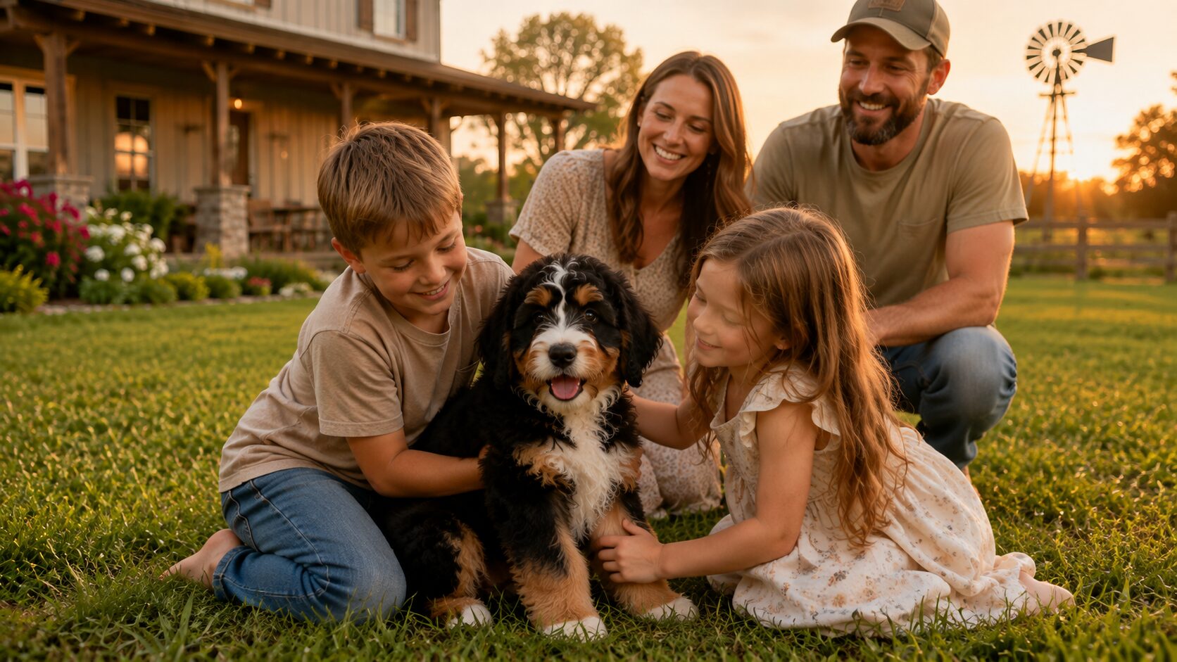 family with bernedoodles puppy