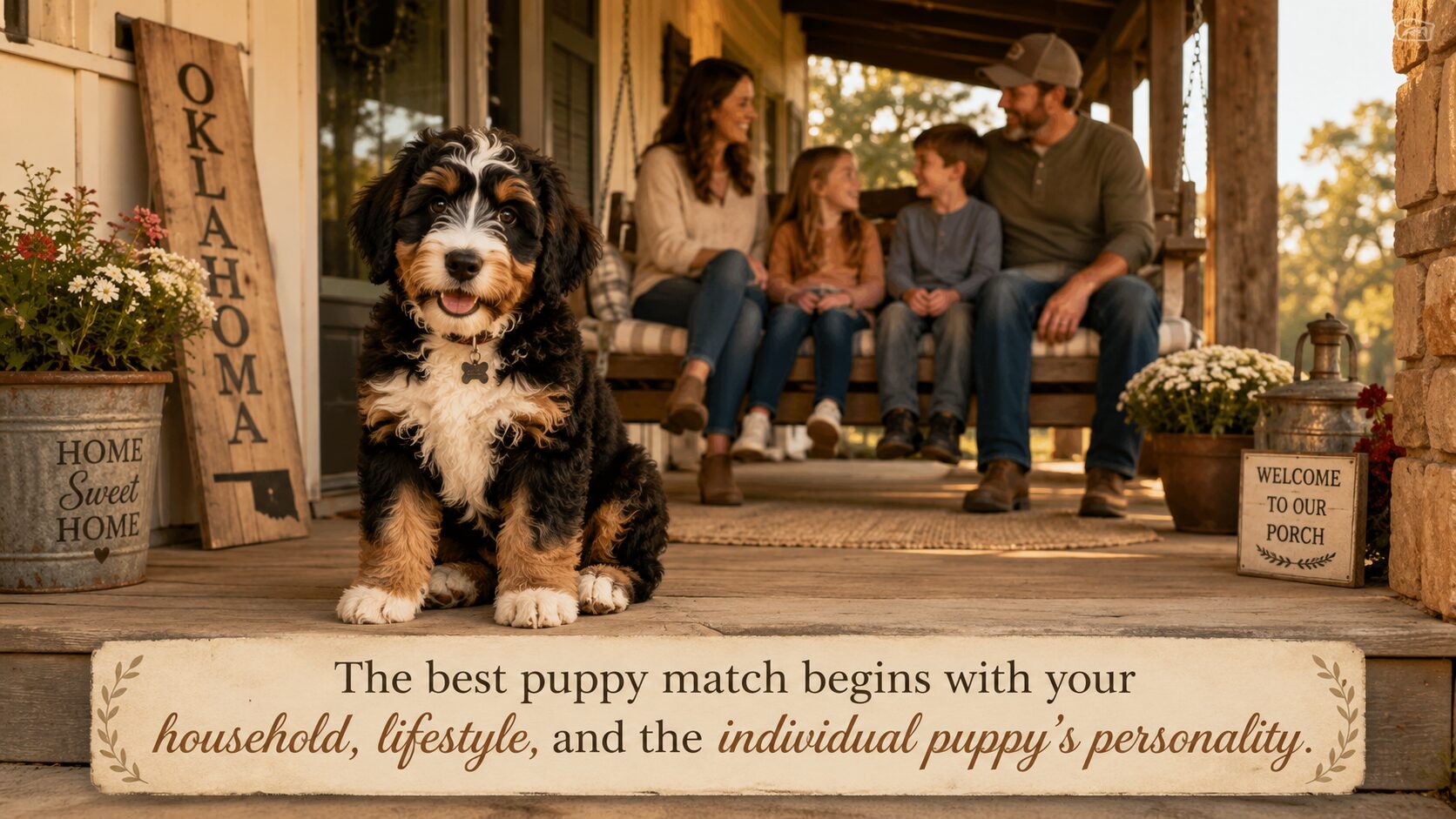 bernedoodles puppy on porch with family