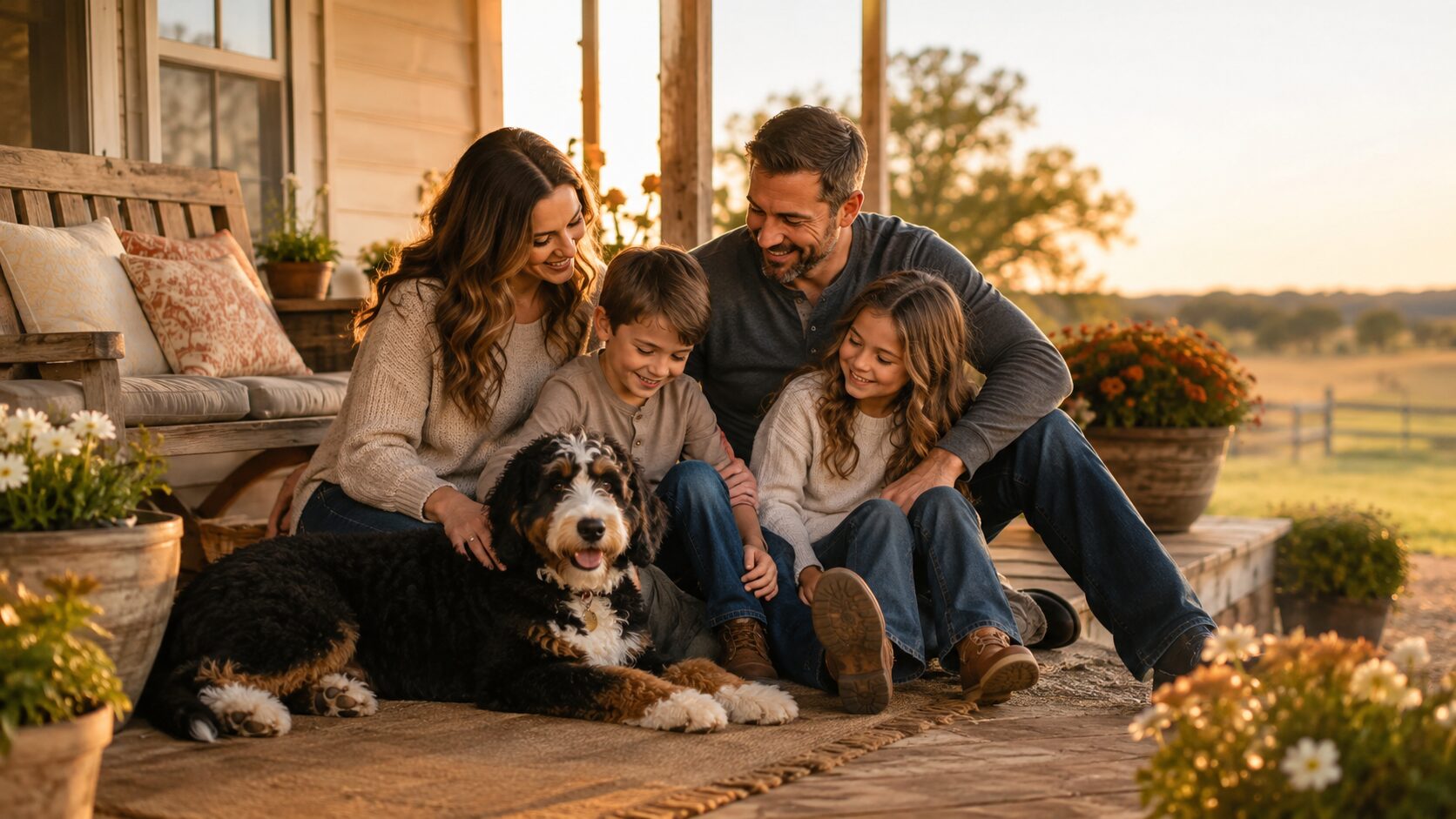 family on porch with bernedoodle puppy