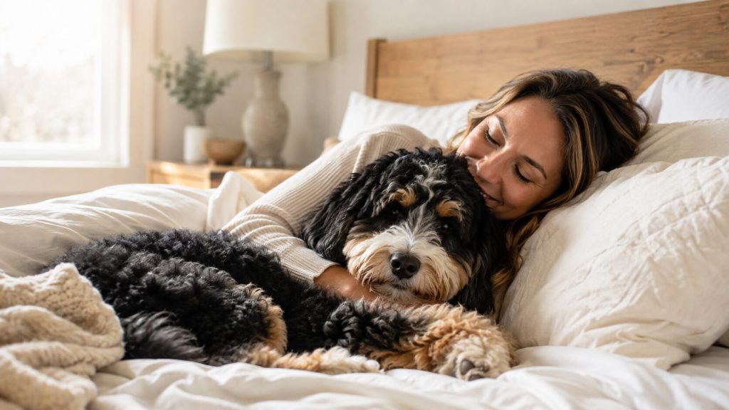 lady sleeping with bernedoodle