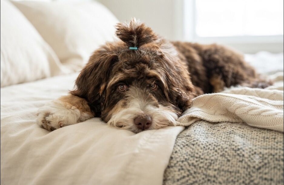 bernedoodle on bed