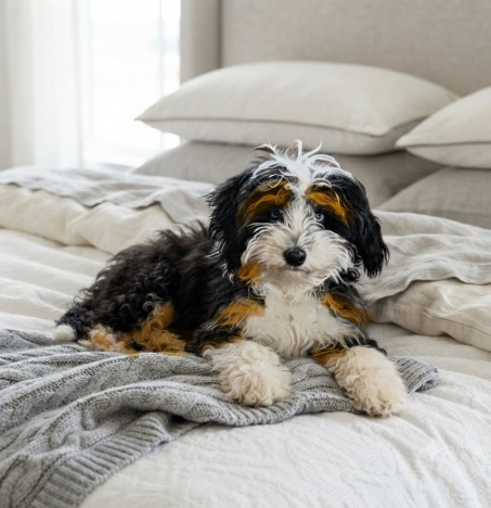 bernedoodle puppy on bed