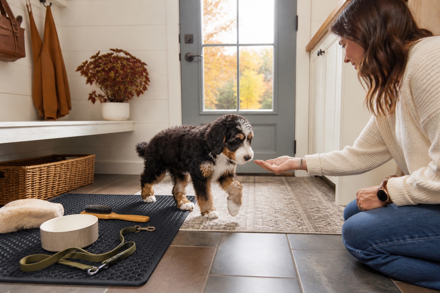 Doodle puppy exploring a prepared home entryway with simple puppy supplies