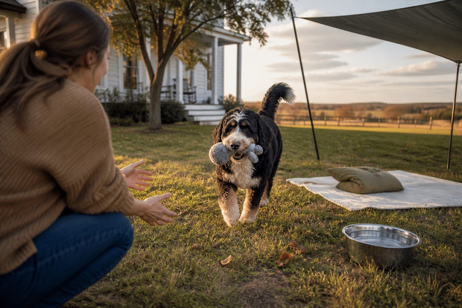 Adult Bernedoodle playing fetch outdoors during an age-appropriate exercise session