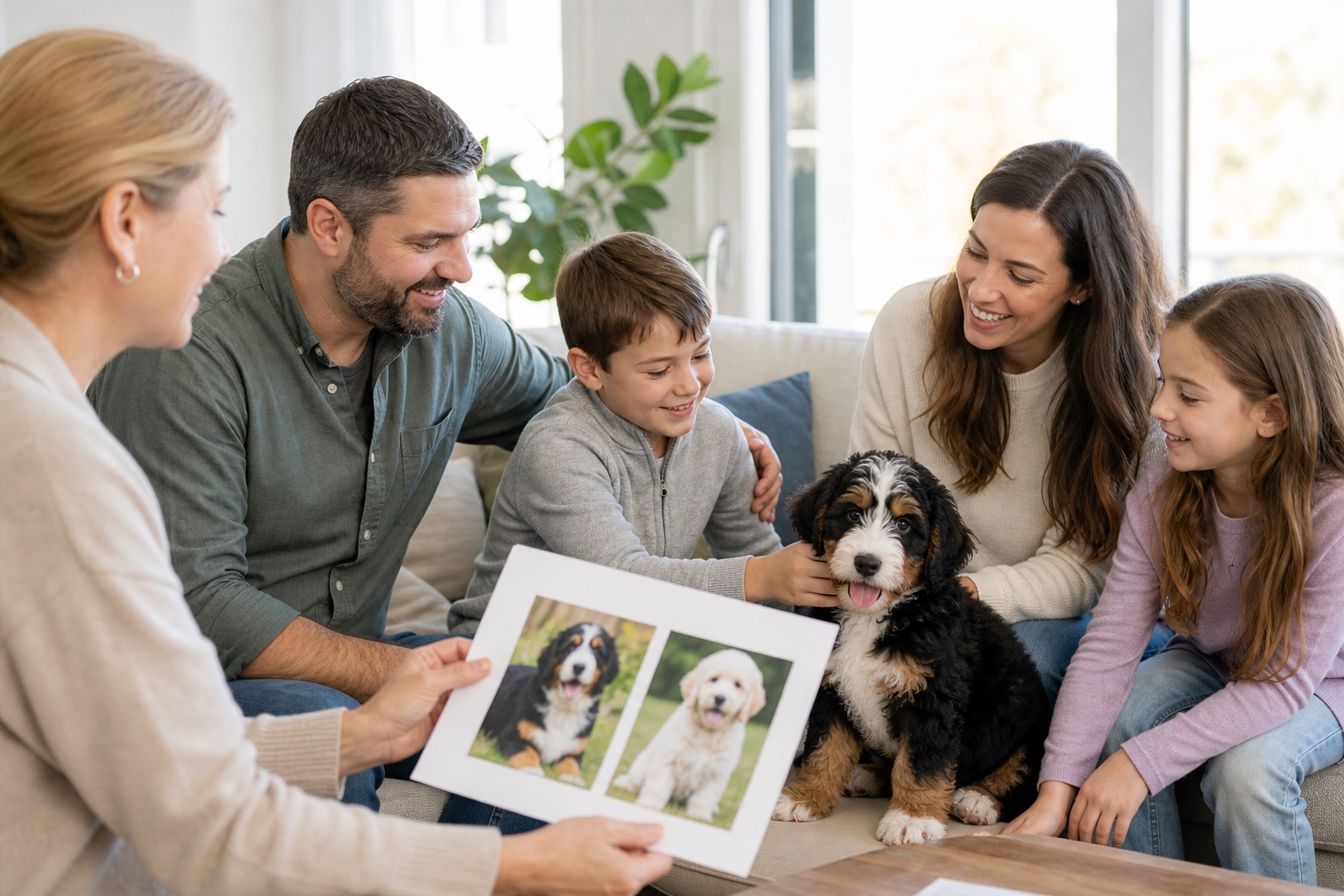Family talking with a breeder while meeting a Bernedoodle puppy