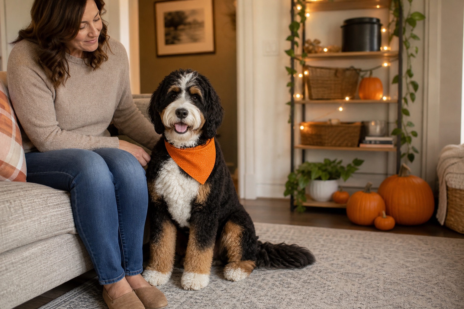 Relaxed Bernedoodle wearing a simple orange bandana for Halloween