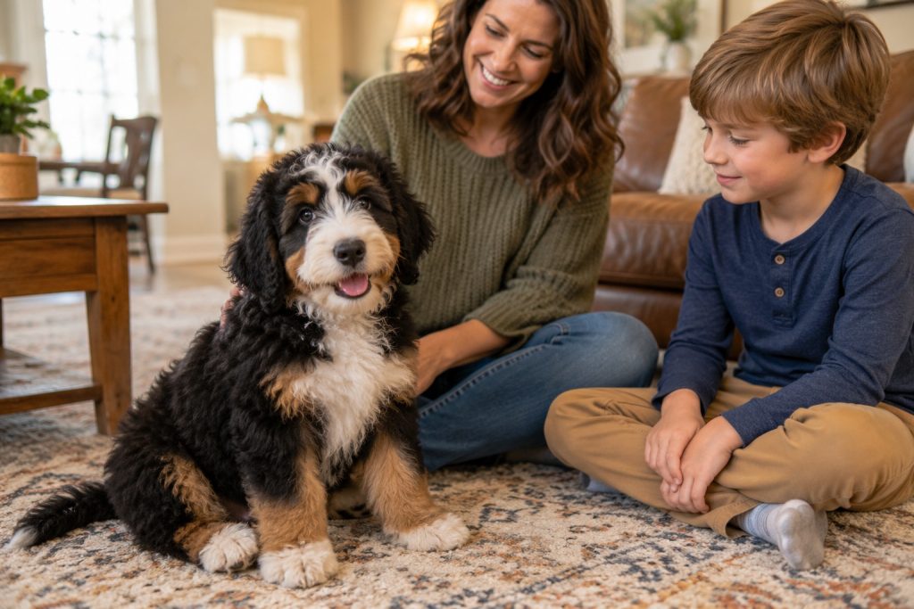 mother and son with Bernedoodle puppy
