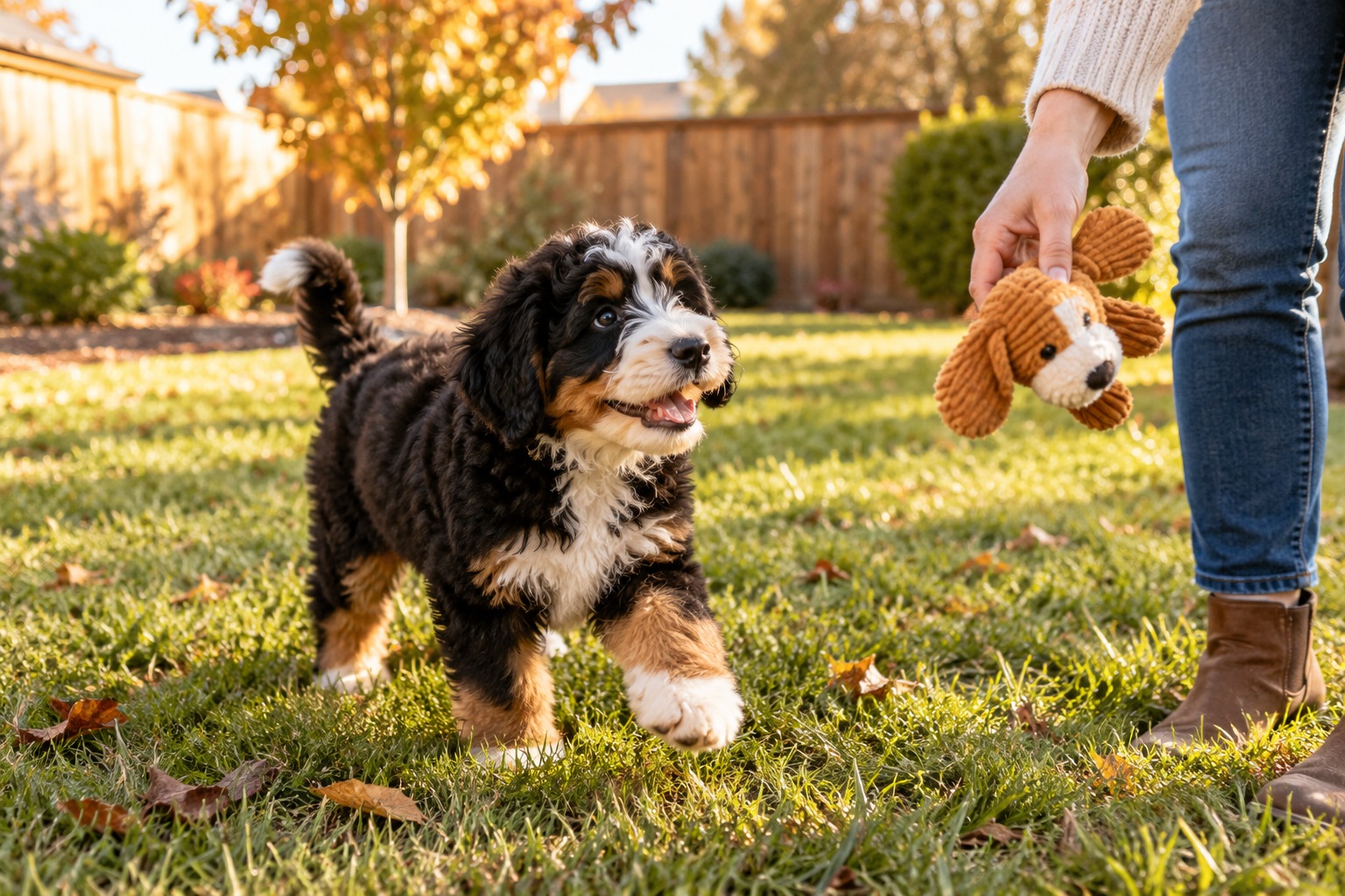 A Bernedoodle puppy explores the yard with an adult nearby